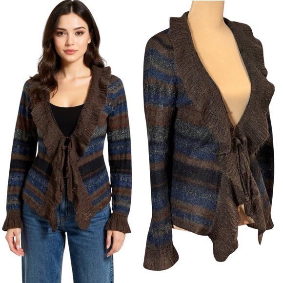 Y2K 90s Mohair Cardigan Sz.M Striped Ruffle Brown Whimsigoth Fairy Grunge Boho - Picture 1 of 14